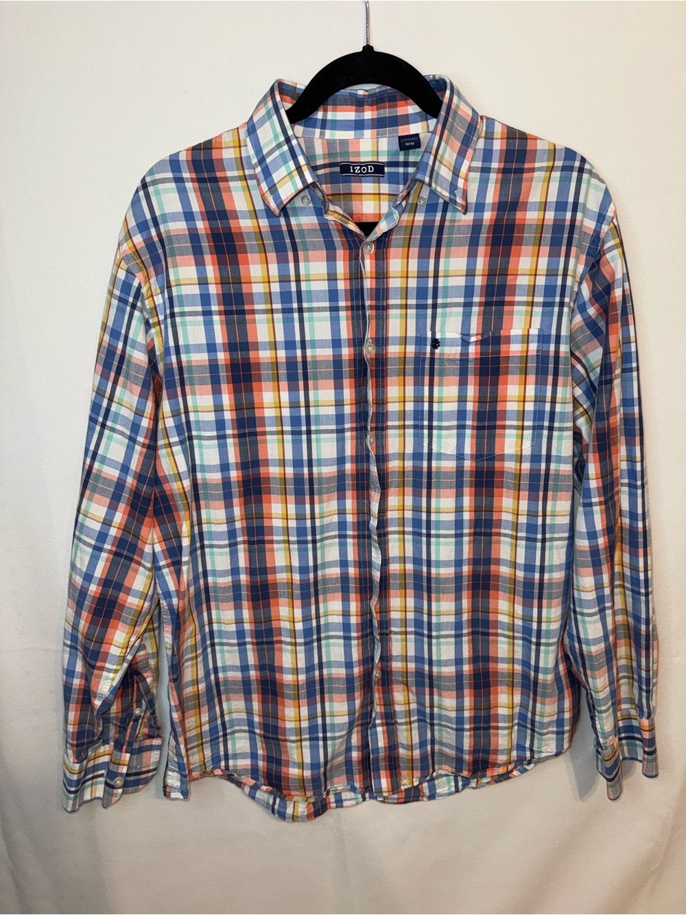 IZOD Men's Multicolor Plaid Button-Down Shirt - Blue/Orange/White Size Medium
